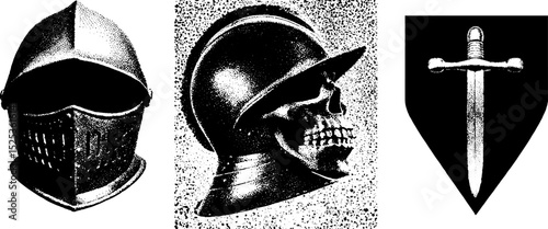 Vintage engraving of medieval helmets and sword with stippling and halftone texture