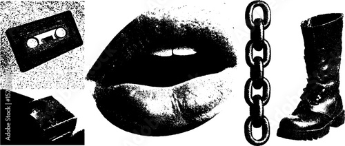 Vintage engraving of lips, cassette, chain, and boot with stipple and halftone texture