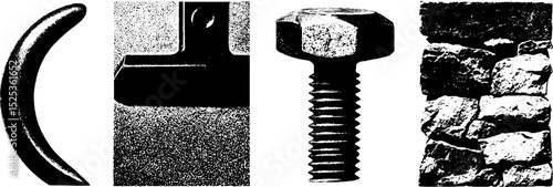 Vintage engraving techniques featuring tools and textures in stippling and halftone design