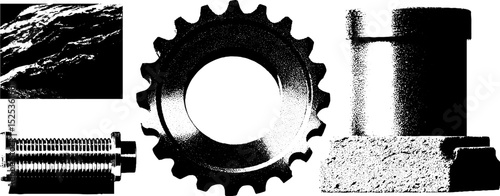 Industrial components with vintage engraving stippling and halftone texture