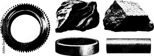 Vintage engraving with stippling and halftone texture featuring industrial gear and stones