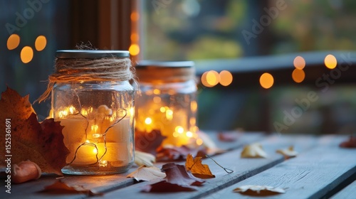 Autumn Glow: Cozy Jars with Fairy Lights and Fall Leaves