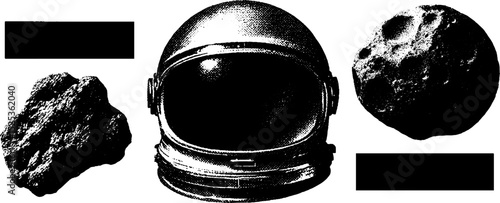 Vintage space exploration art with astronaut helmet and meteorites