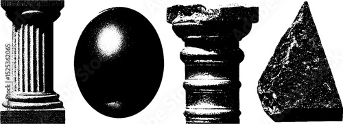 Vintage engraving of textured elements with stippling and halftone techniques