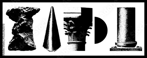 Vintage elements with stippling technique and halftone texture for design and art projects