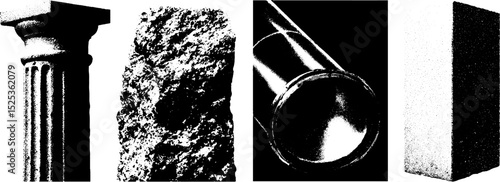 Vintage engraving with stippling texture featuring classical elements and architectural shapes