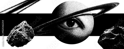 Cosmic surrealism with eye and planetary rings in vintage halftone texture
