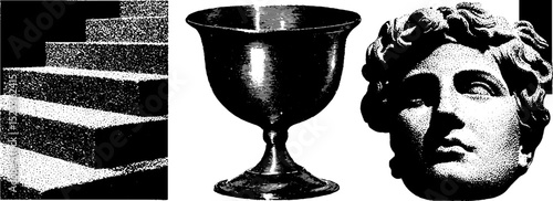Vintage engraving of architectural stairs, chalice, and classical sculpture