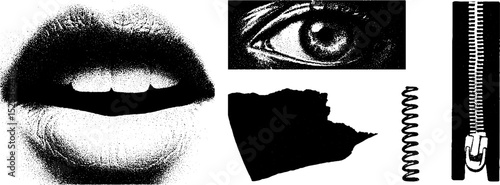Vintage engraving with stippling and halftone texture featuring eye, lips, zipper, and coil