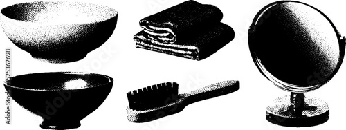 Vintage engraving of toiletry items with stippling and halftone texture design for print