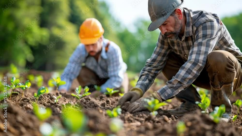 two farmer working together in the field with young plant. They are planting seedling two farmer working together in the field with young plant. They are planting seedling