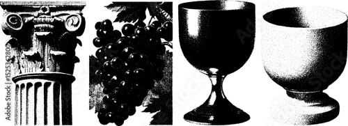 Vintage engraving with classical column, grapes, and chalices featuring stippling and halftone texture
