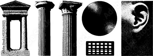 Vintage engraving of classical columns, textured sphere, and architectural elements