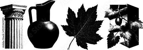 Classical elements and nature in vintage engraving with stippling and halftone texture