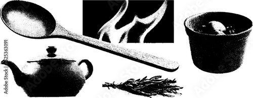 Vintage cooking utensils with teapot and mortar pestle in stippling and halftone texture