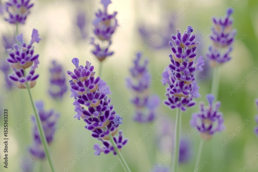 Naklejka premium Close-up of lavender flowers with green leaves and stems on a sunny day.