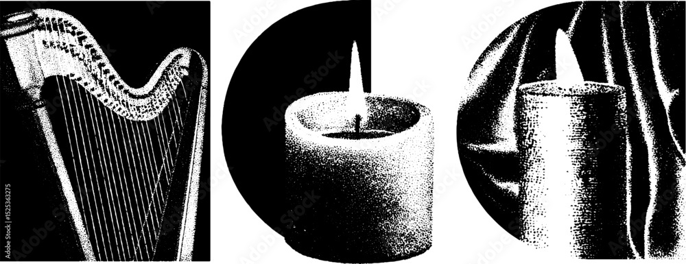 Fototapeta premium Vintage engraving of harp and candle with stippling and halftone texture