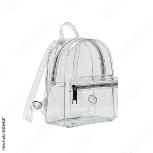 Transparent mini backpack made of clear PVC, compact with silver zippers, empty and pristine, isolated on a pristine seamless white studio background with no shadows, in 3/4 view. Concept of modern