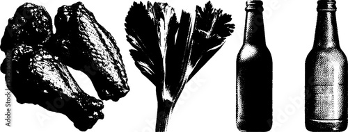 Rustic food composition: chicken wings, celery, and beer bottles with vintage engraving texture