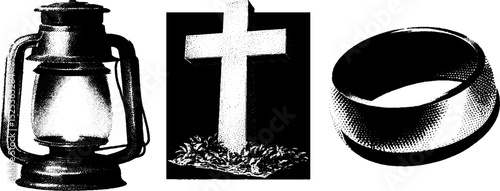 Vintage engraving collection with lantern, cross, and ring in stipple and halftone texture