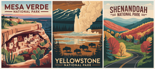 Vector set of retro-style USA National Parks travel posters featuring Mesa Verde, Yellowstone, Shenandoah. Scenic landscape prints for vintage wall art and adventure-themed decor.
