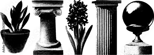 Vintage engraving of columns and floral elements with stippling and halftone texture