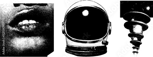 Vintage stippling and halftone engraving with astronaut helmet and abstract elements