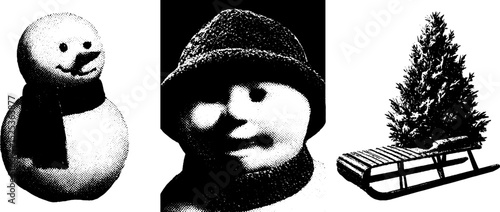 Vintage winter scene with snowman, pine tree, and sled in engraving style