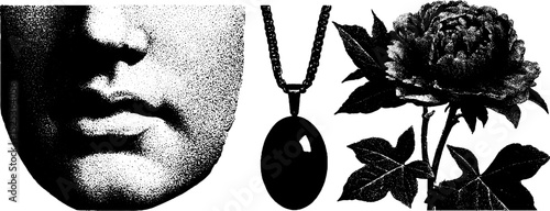 Vintage engraving of silhouette, peony flower, and pendant with stippling and halftone texture design