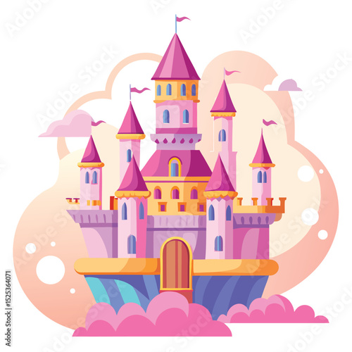 Whimsical Pink Princess Castle Floating on Clouds