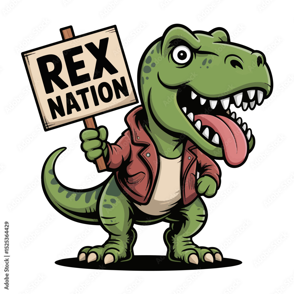 Naklejka premium A cartoon-style T-Rex wearing a leather jacket and sticking out its tongue, holding a 