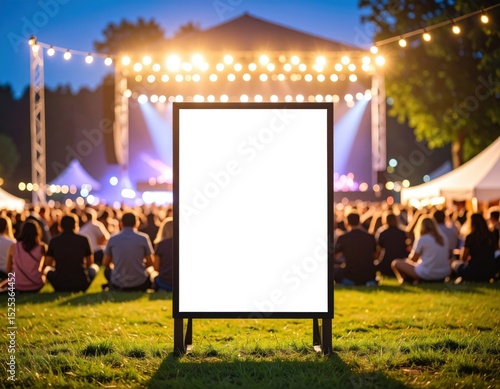 Blank Sign at Outdoor Concert with Crowd and Stage Lights at Dusk