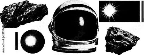 Vintage engraving of astronaut helmet with stippling texture and halftone design elements