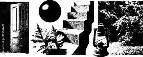 Vintage engraving with stippling and halftone texture featuring door, stairs, and lantern
