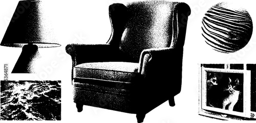 Vintage engraving of stippled chair, textured lamp, and cats in window for retro design