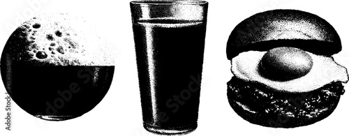 Retro beverage and fast food art with stipple and halftone technique for vintage design