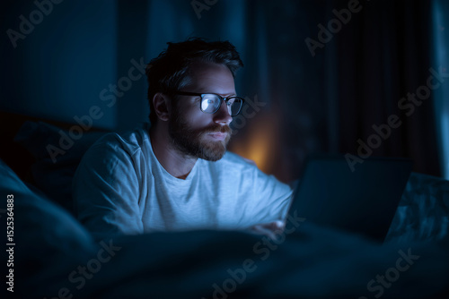 A man is sitting on a bed with a laptop in front of him. He is wearing glasses and has a beard. Concept of relaxation and leisure, as the man is using his laptop in a comfortable setting