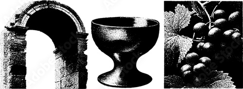 Vintage engraving with stippling texture featuring archway, chalice, and grapes