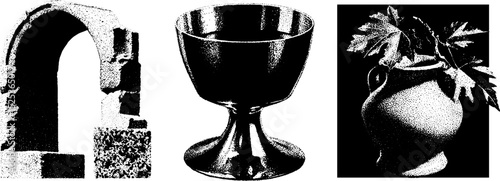 Vintage texture art: engraving and stippling with architectural and still life elements