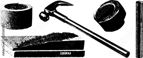 Vintage engraving of tools with stippling and halftone texture design