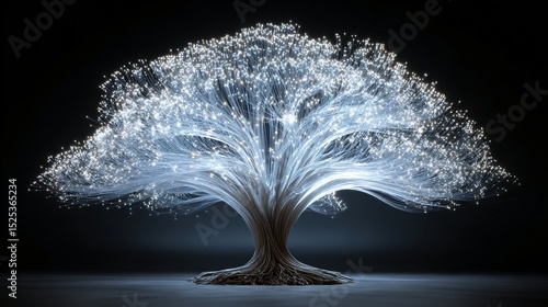 A luminous tree with glowing fiber optic branches creates a dazzling and magical effect against the dark background symbolizing growth and innovation beautifully.