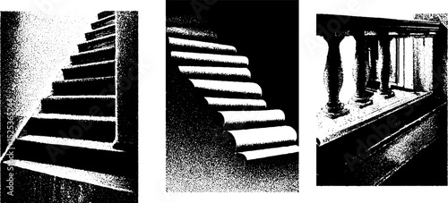Vintage halftone staircase illustration with stippling texture