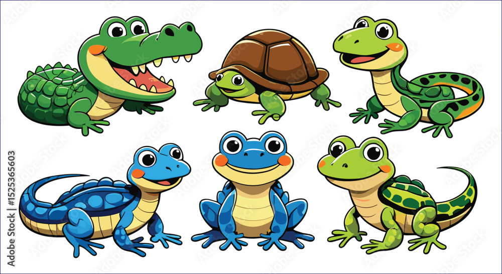 Fototapeta premium Cartoon Animals Reptiles And Amphibians Set Crocodile Turtle Snake Lizard Frogs