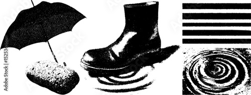 Vintage engraving with shoe, umbrella, and abstract patterns in stippling and halftone texture