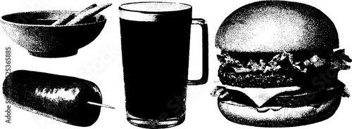 Retro fast food art: halftone engraving of burger, drink, fries, and hot dog