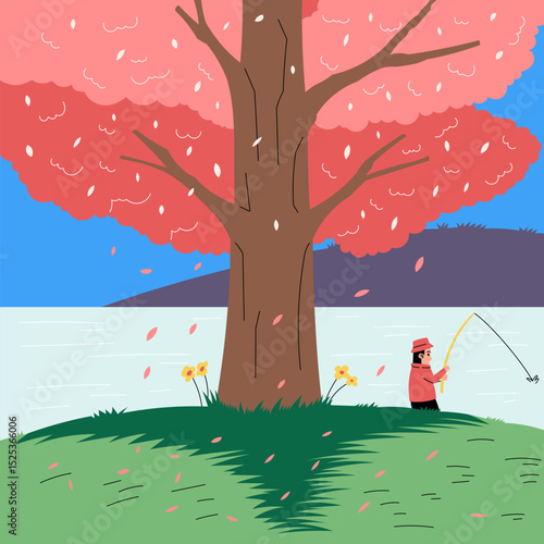 A fisherman enjoys a quiet afternoon under a cherry tree by the lake