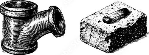 Vintage engraving of pipe elbow and brick with halftone stippling texture for design use