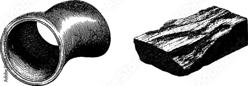 Vintage engraving of stippled textures and halftone patterns featuring cylindrical and rectangular objects