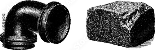 Vintage engraving of pipe elbow and stone block with stippling and halftone texture