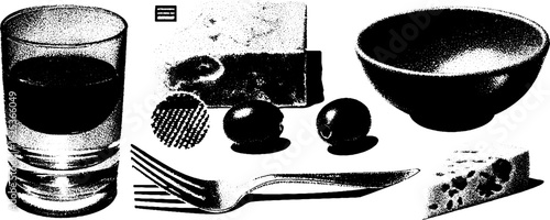 Vintage kitchenware and food items with stippling and halftone texture for retro design